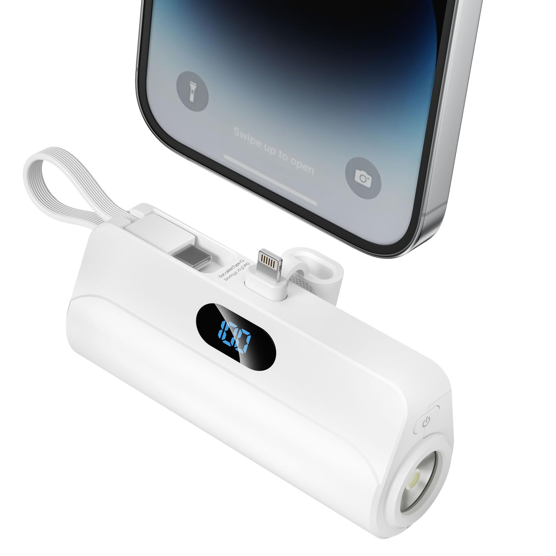 Power Bank,5000mAh Mini Portable Chargeri, with Built in Cables and Foldable Stand & LED Display With light – Fast Charging, Compatible for iPhone, Samsung Galaxy, AirPods, iPad, and more (white)