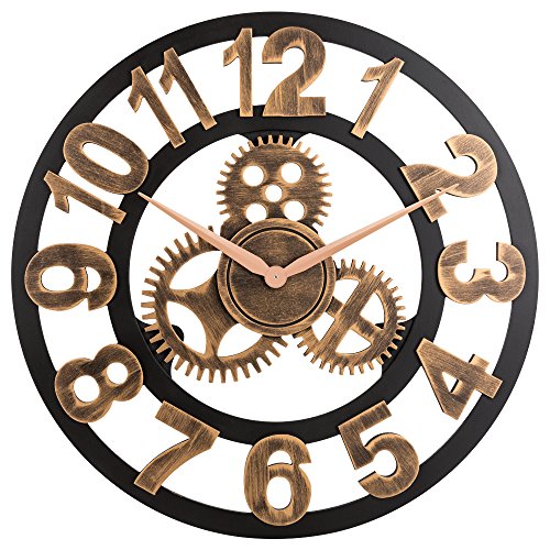 23" inch Noiseless Silent Non-Ticking Wall Clock - Large 3D Retro Rustic Country Decorative Luxury Art Big Wooden Vintage for House Warming Gift, (Number-Anti-Bronze)