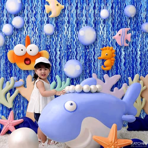 Image of 2 Pack Wavy Blue Backdrop - 3.2x6.5 Feet | Blue Foil Fringe Curtain for Mermaid Birthday Decorations | Fringe Backdrop for Under The Sea Party Decoration | Ocean Themed Party Decorations, KatchOn