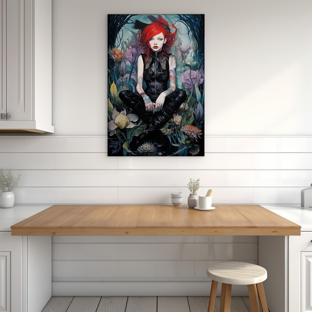 Canvas for Living room. Enigmatic Redhead in a Leather Ensemble Amidst a Flourishing Floral Eden, 27 x 18 inch Canvas Wall Art - Ready to Hang - 69x46 cm (27x18 inch)