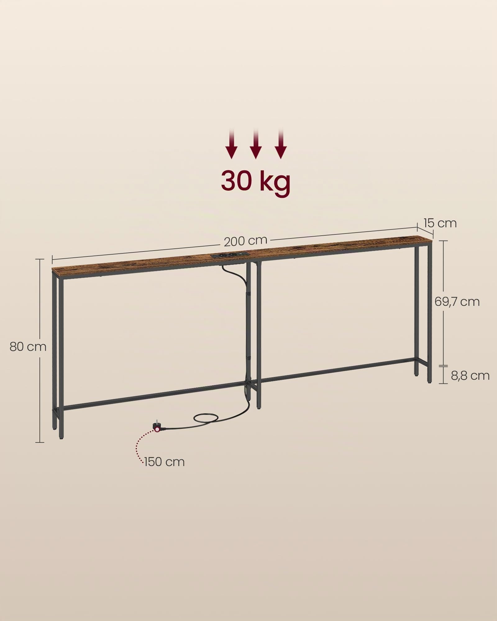 VASAGLE Tavolo Consolle con Stazione di Ricarica, Tavolo Stretto Dietro Divano, con 2 Piani a Tutta Lunghezza, per Ingresso, Soggiorno, 15 x 200 x 80 cm, Marrone Vintage e Nero Inchiostro LNT077K102 | Tavolo da appoggio con Presa, per Ingresso e dietro il