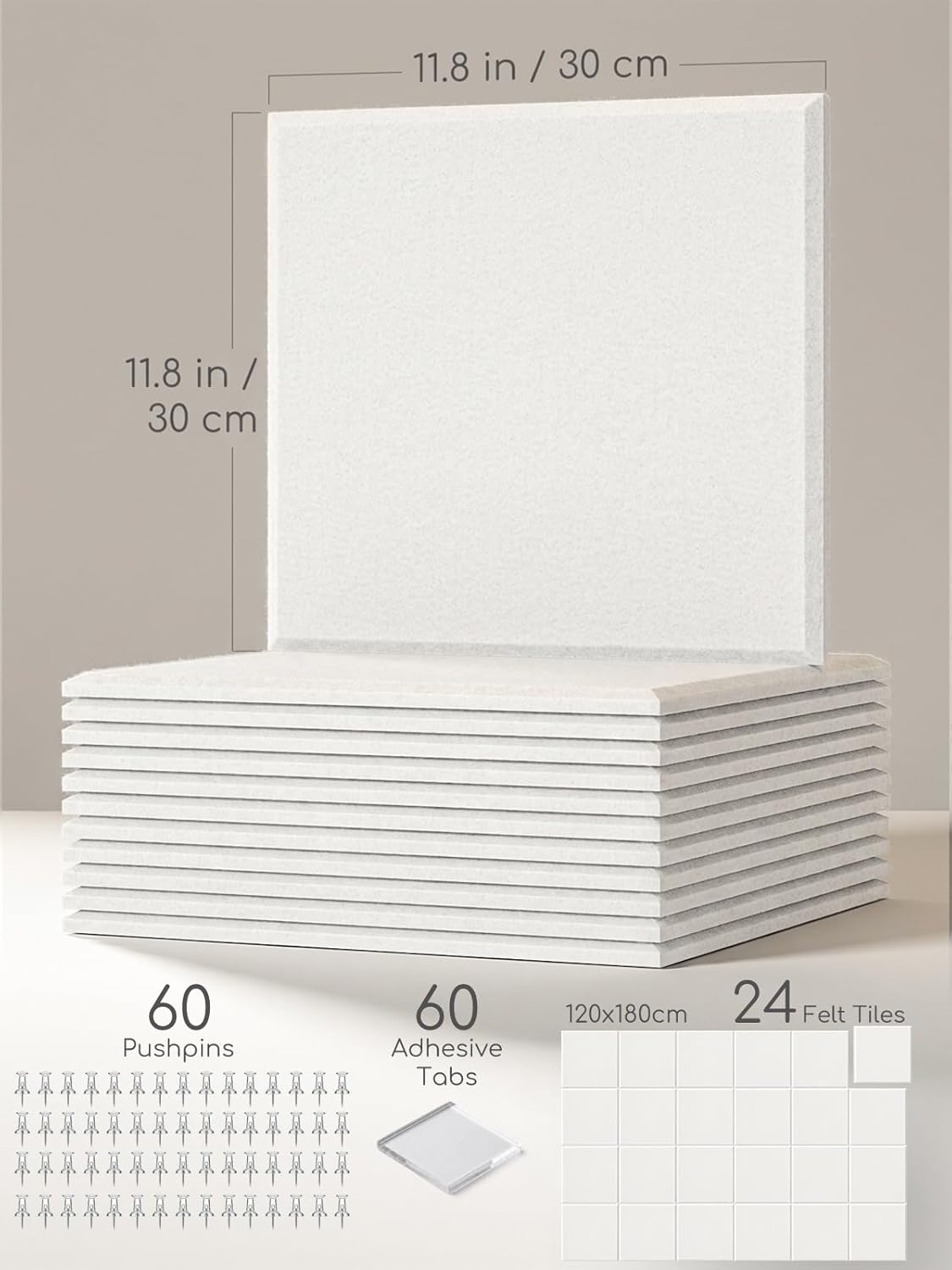 Lightomorrow 0.47" Thick Felt Pin Board Tiles, 24 Pack 11.8 x 11.8 in Bulletin Board Wall Decor, Cork Board Alternative with Adhesive & 60 Push Pins for Home Office Classroom, White