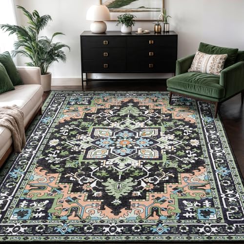 5x7 Area Rugs, Vintage Washable Area Rug for Living Room, Floral Boho Area Rugs for Bedroom, Office, Non-Slip Colorful Rug, Traditional Vintage Style, Plush Low-Pile Soft Carpet, Dark Green