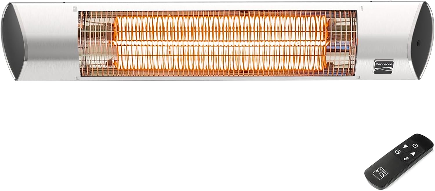 Kenmore Carbon Infrared Outdoor Electric Heater | 1500W Electric Patio Heater with Remote, Ceiling or Wall Mounted, KH-7E01-SS, Outdoor Heater, Garage Heater, Outdoor Space Heater with Brackets