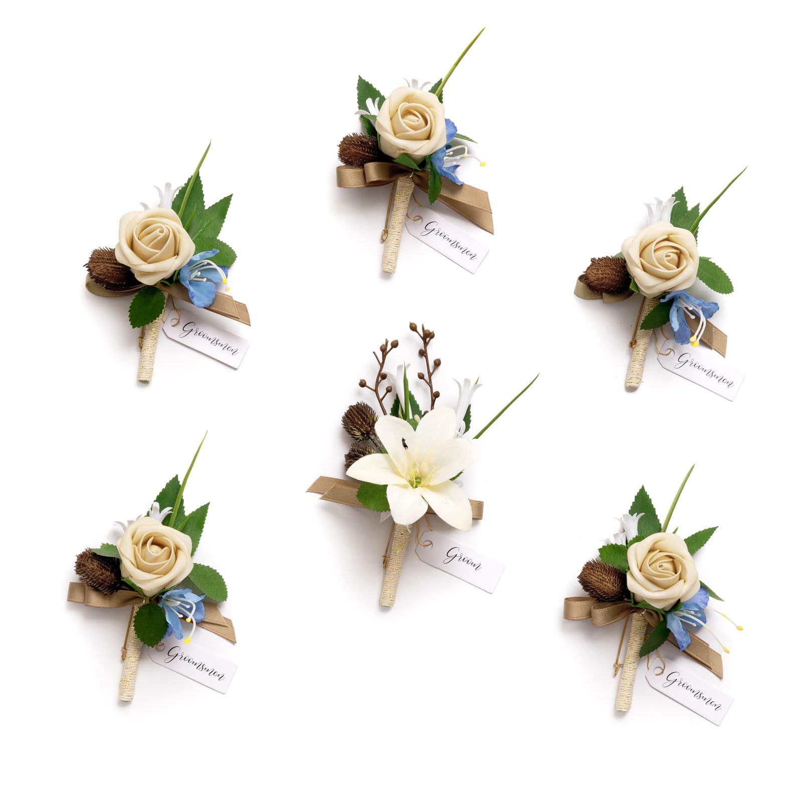 Ling's moment Boutonniere for Men, 6pcs Groom Groomsmen Boutonniere, Artificial Flowers for Wedding Decor/Prom/Homecoming, etc.Tawny Beige Berry Pink — image 1
