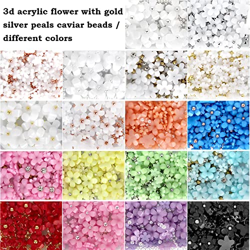 3D Flower Nail Charms, 3 Boxes 3D Acrylic Flower Nail Art Rhinestones with Gold Silver Pearl Beads Tweezers Included Spring Blossom Petal for DIY Nail Decorations4