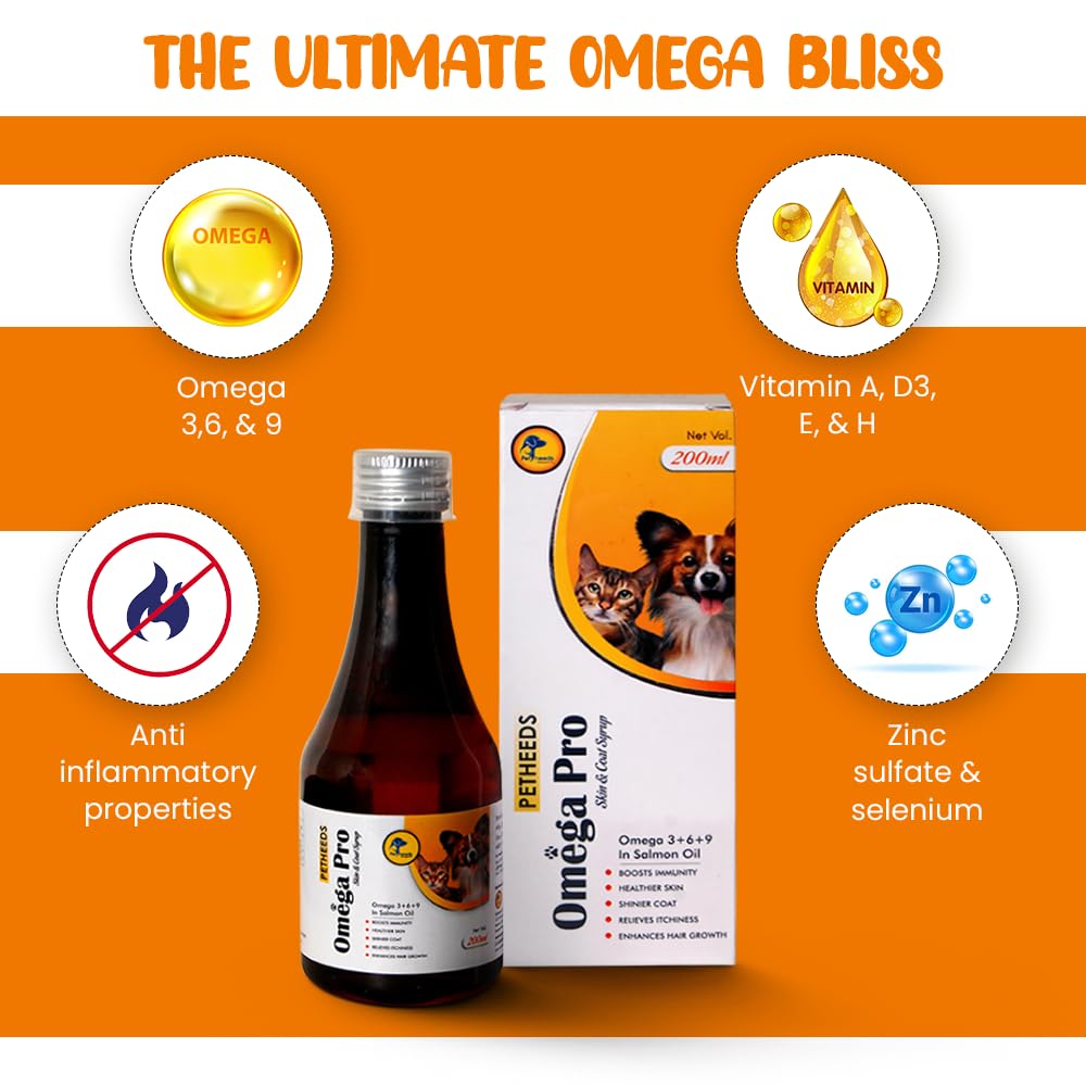 Petheeds Omega Pro Skin & Coat Syrup for Dogs & Cats 200ml – Natural Salmon Oil Rich in Omega 3, 6 & 9 Supplement 1