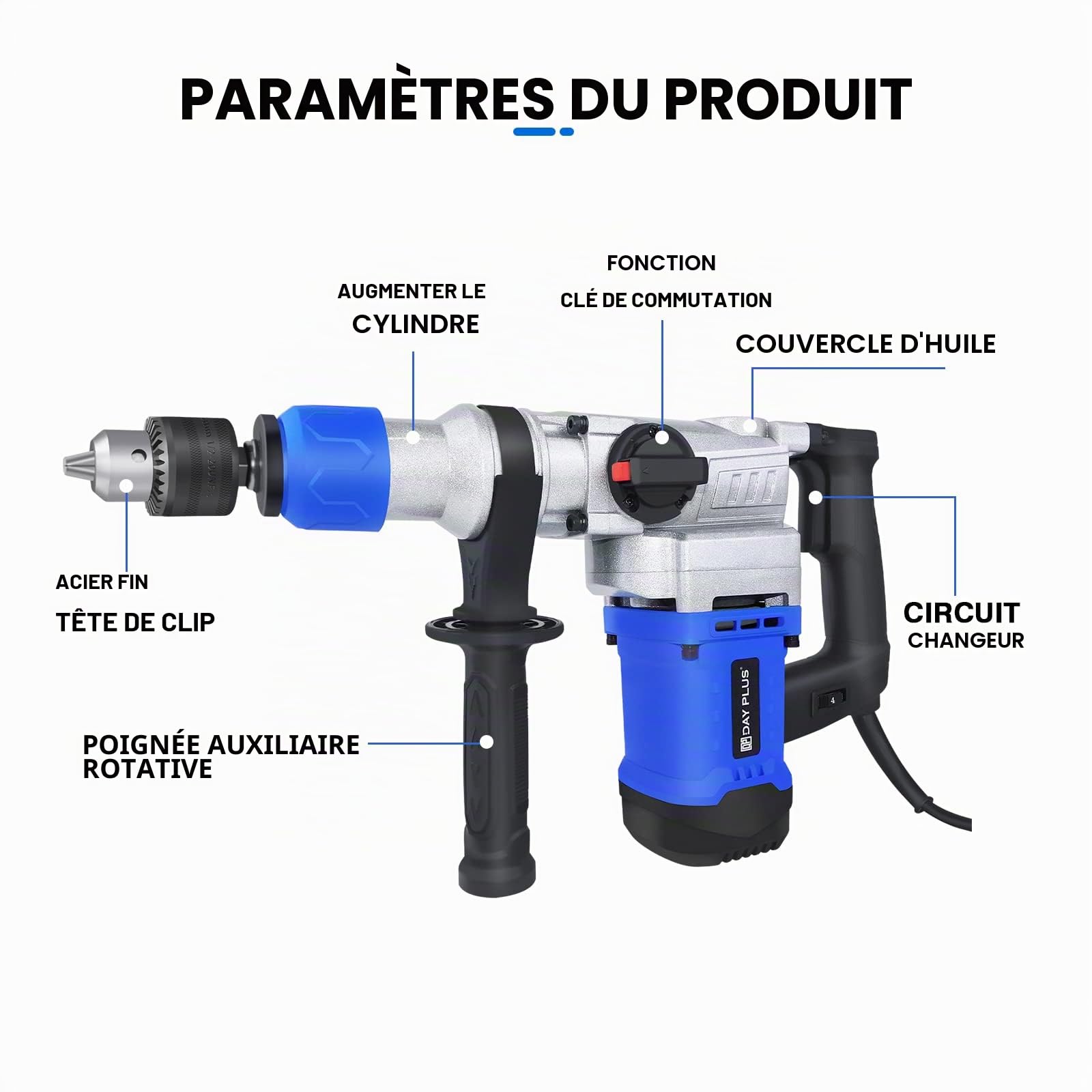Kit marteau piqueur de démolition électrique 1500 W avec poignée rotative à 360°, 6 vitesses variables, avec graisse, burin, forets