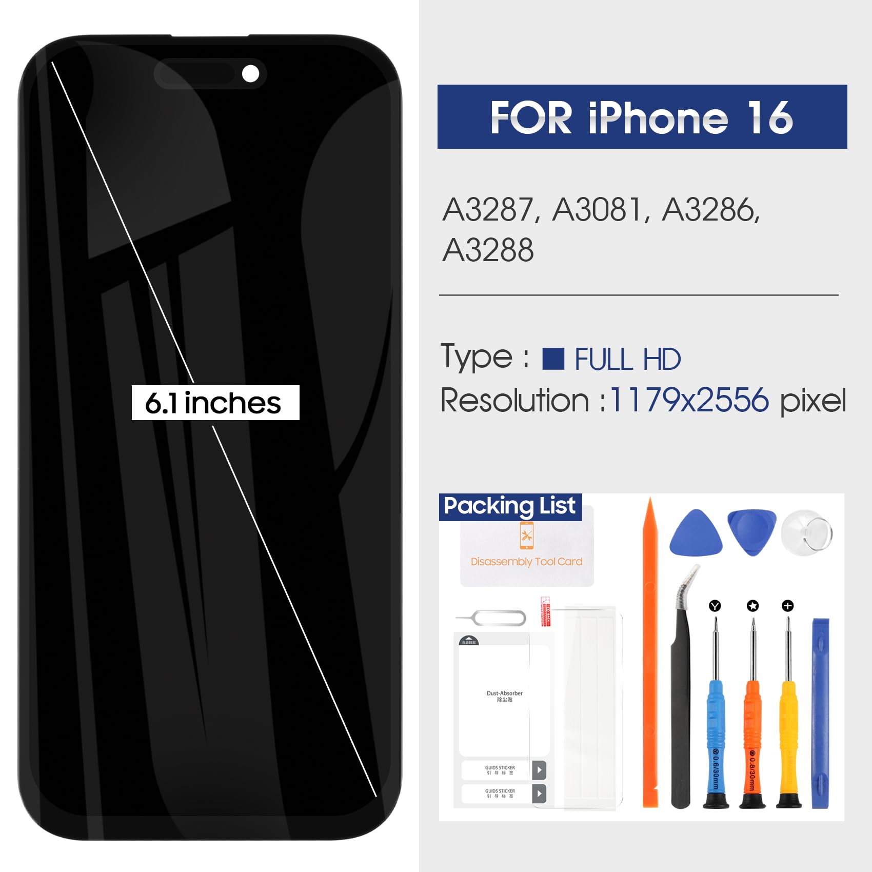 Écran LCD pour iPhone 16 LCD Display pour iPhone 16 LCD Écran pour iPhone16 6,1" Écrantactile Verre Full Assemblé avec Kit de Réparation A3287 A3081 A3286 A3288 (Noir)