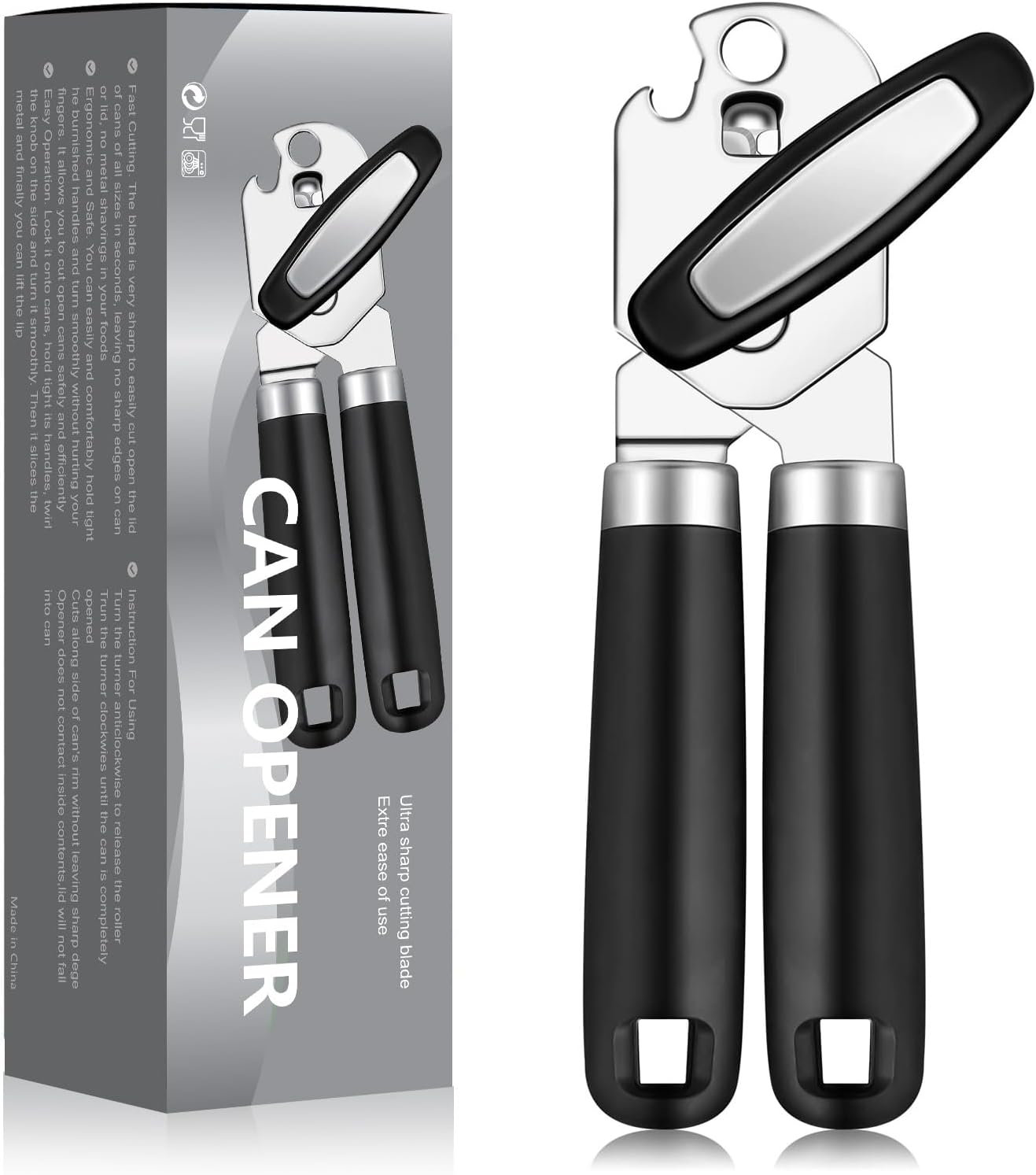 Tin Opener Can Manual, Multifunctional Handheld Heavy Duty Can Opener, Stainless Steel Easy Turn Knob Bottle Opener, Kitchen Essentials, Black