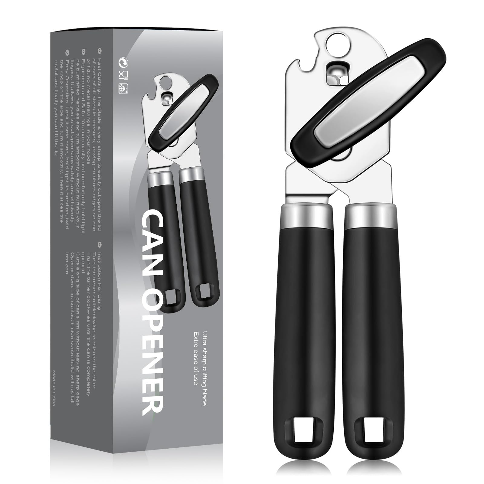 Woobroo Tin Opener Can Manual, Multifunctional Handheld Heavy Duty Can Opener, Stainless Steel Easy Turn Knob Bottle Opener, Kitchen Essentials, Black