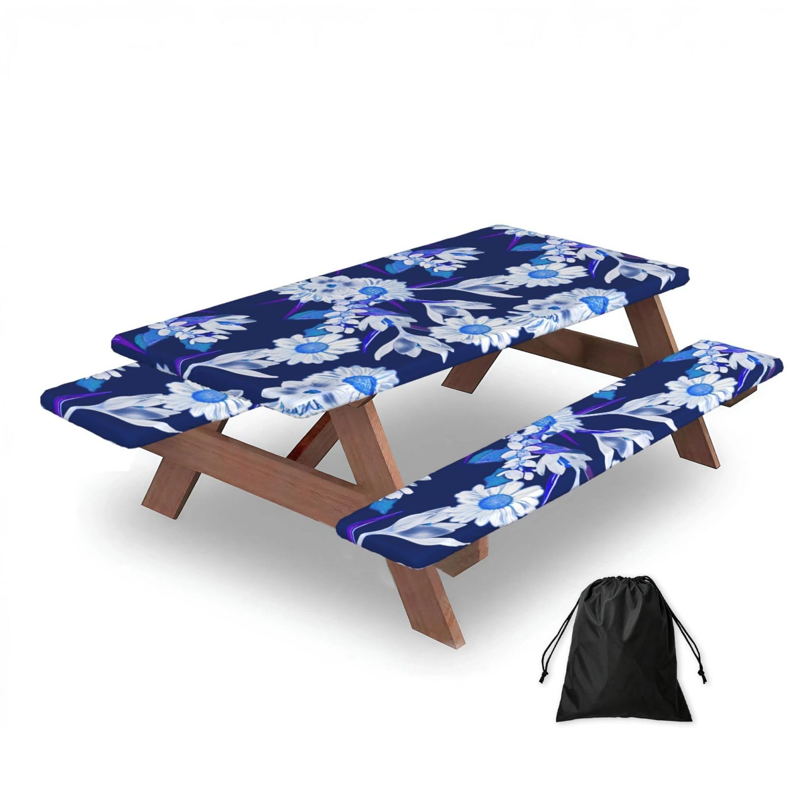 Dopklna As Picture Pretty White Flowers Blue Pattern, Picnic Table Cover With Bench Covers -Waterproof Elastic Fitted Tablecloth For Garden Camping Patio 76X152cm