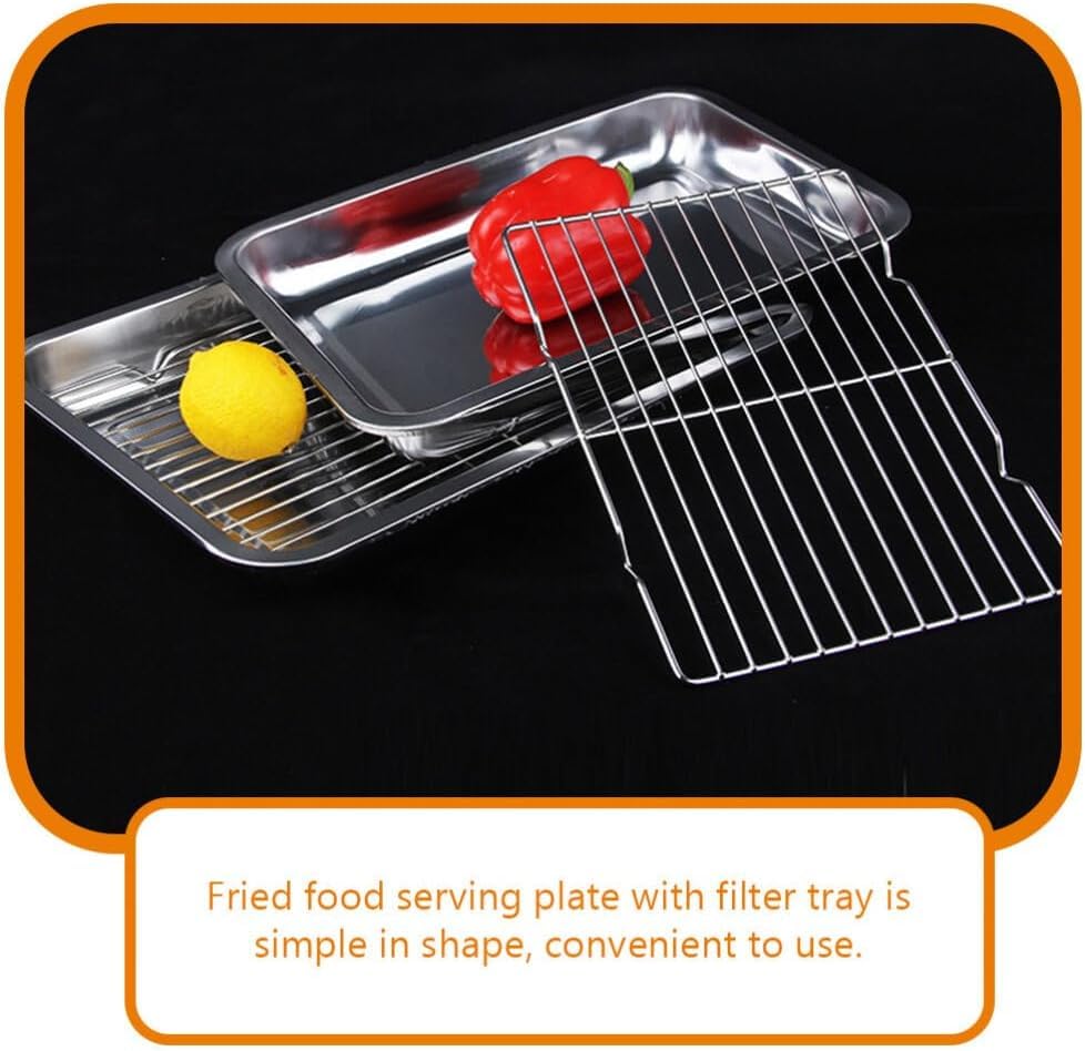 SAMUSAGYA 1 Set Stainless Steel Drain Pan Fried Snack Dish Multiuse Food Plate Fried Chicken Serving Plate Snack Dish Household Food Plate Fried Food Tray Frying Food Tray (24cm X 8cm X 2.5cm) 3