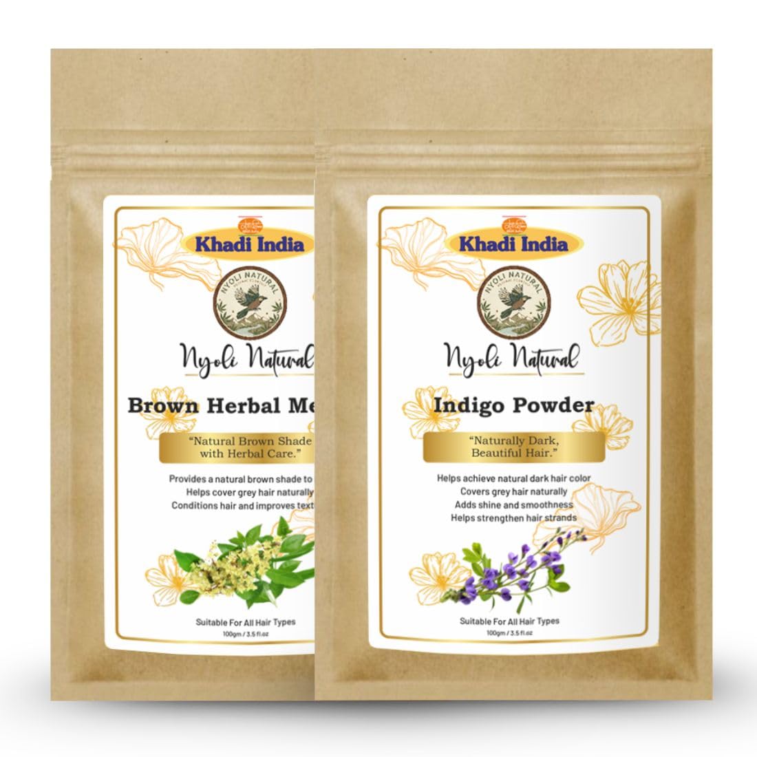 Khadi Nyoli Natural Brown Mehndi & Indigo Powder Combo for Hair – Natural Herbal Brown Hair Color Kit, Chemical-Free Grey Coverage- Pack of 2-image-7