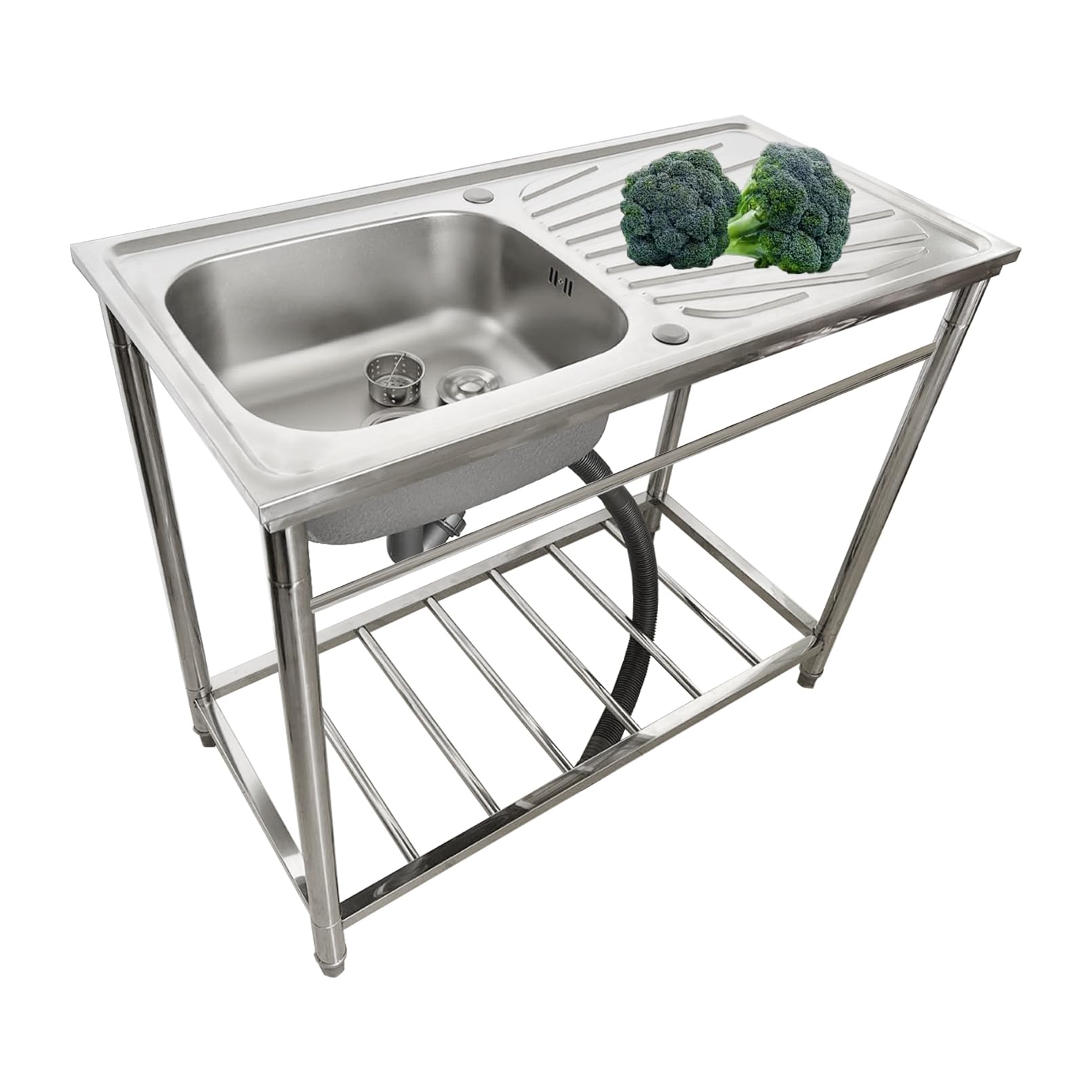 CZYWKDDPP Freestanding Kitchen Stainless Steel Single Bowl Commercial with Workbench, Faucet & Drainboard for Restaurant, Laundry Room, Backyard, Garages, Utility Outdoor Legs
