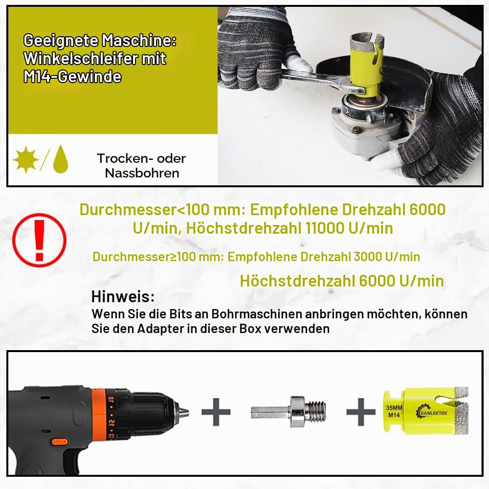 Diamant Fliesenbohrer Set Diamant Lochsäge Set Diamand Bohrkrone | (6/6/8/20/35/50/68/110+20mm Fingerfräser+50mm Fasenbohrer+Adapter) für Porzellan Keramik Fliesen Marmor Granit M14 Gewinde