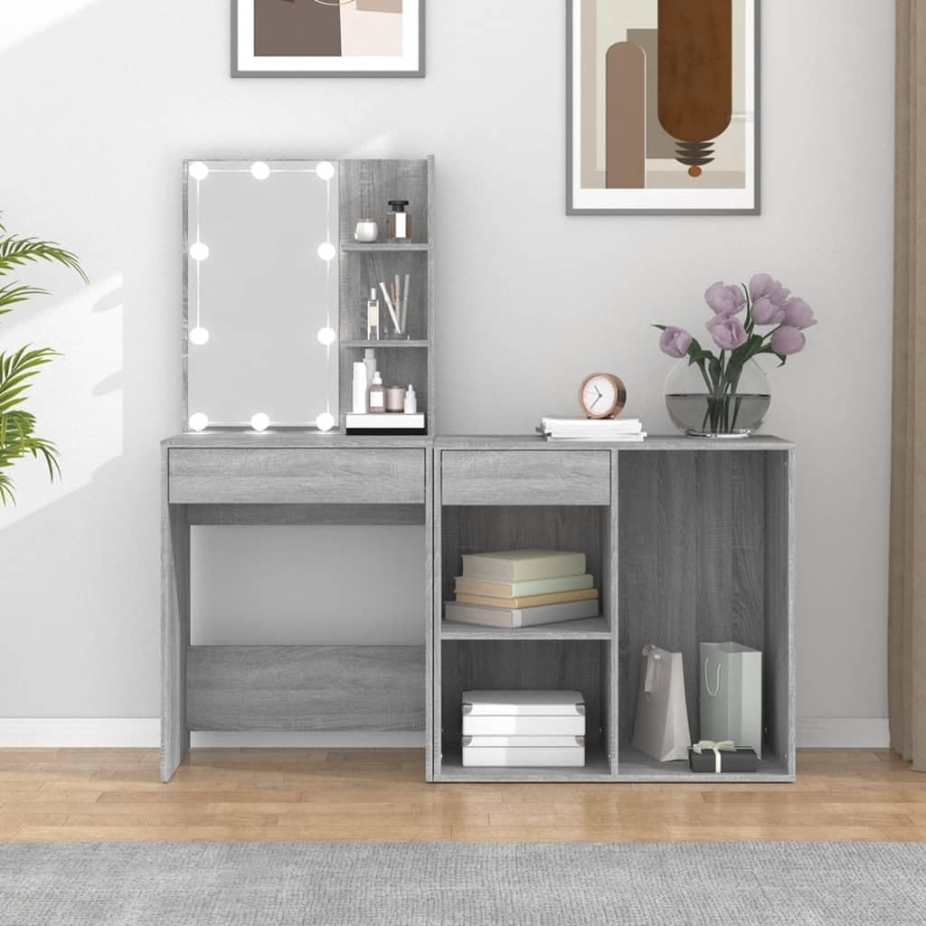 LED-Schminktisch Mit Schrank Grau Holzwerkstoff | Mit Spiegel, USB-Licht Warm-Kaltweiss, Stauraum, Make-up Tisch