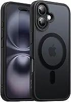 JETech Capa Magnética para iPhone 16 6,1 Polegadas Compatível com MagSafe, Case de Telefone Fina e à Prova de Choque com Capinha Parte Traseira Fosca Translúcida (Preto)