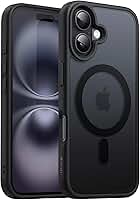 JETech Capa Magnética para iPhone 16 6,1 Polegadas Compatível com MagSafe, Case de Telefone Fina e à Prova de Choque com Capinha Parte Traseira Fosca Translúcida (Preto)