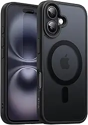 JETech Capa Magnética para iPhone 16 6,1 Polegadas Compatível com MagSafe, Case de Telefone Fina e à Prova de Choque com Capinha Parte Traseira Fosca Translúcida (Preto)
