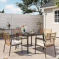 LAUSAINT HOME 5 Pieces Outdoor Patio Dining Set, Wicker Patio Furniture Set of 4 Chairs with Soft Cushion and Square Table with Umbrella Hole, Conversation Set for Backyard, Garden and Poolside