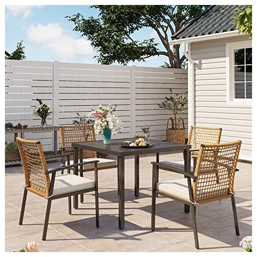 LAUSAINT HOME 5 Pieces Outdoor Patio Dining Set, Wicker Patio Furniture Set of 4 Chairs with Soft Cushion and Square Table with Umbrella Hole, Conversation Set for Backyard, Garden and Poolside