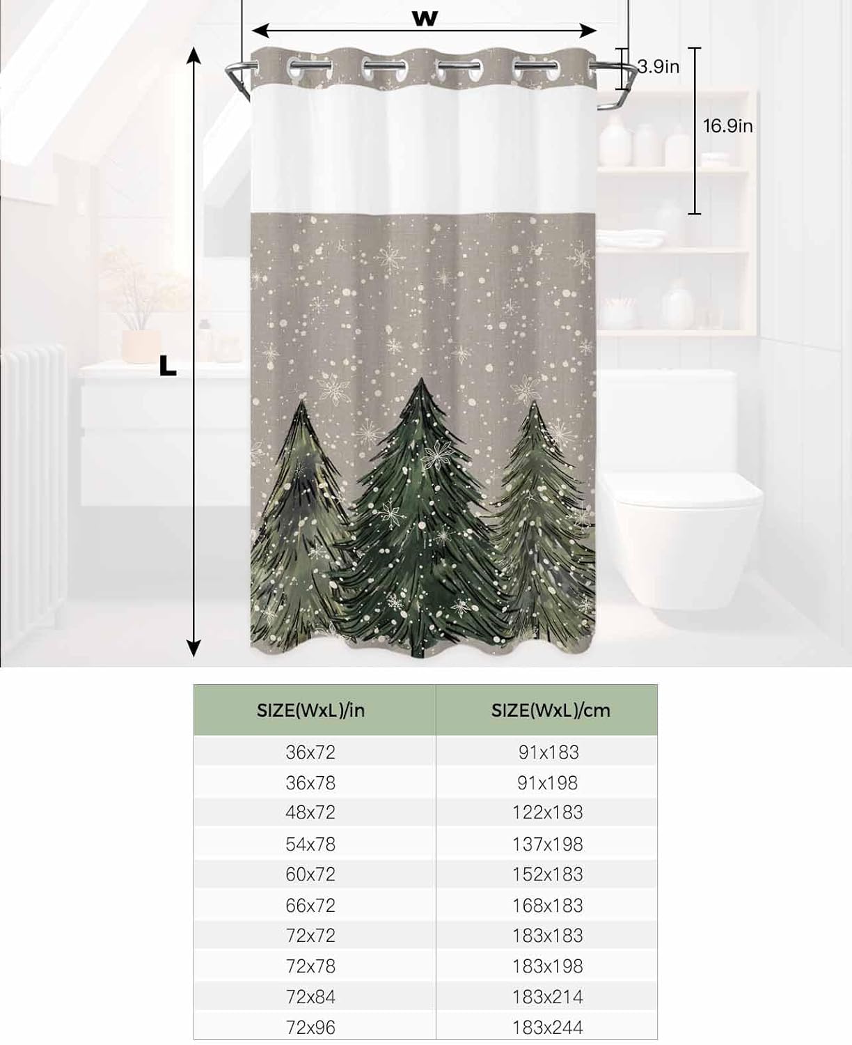 Christmas No Hook Shower Curtain with Snap in Liner Waterproof Fabric Shower Curtain Set for Bathroom Winter Vintage Green Xmas Tree Snowflake Gray Shower Curtain with See Through Top Window 36"x72"