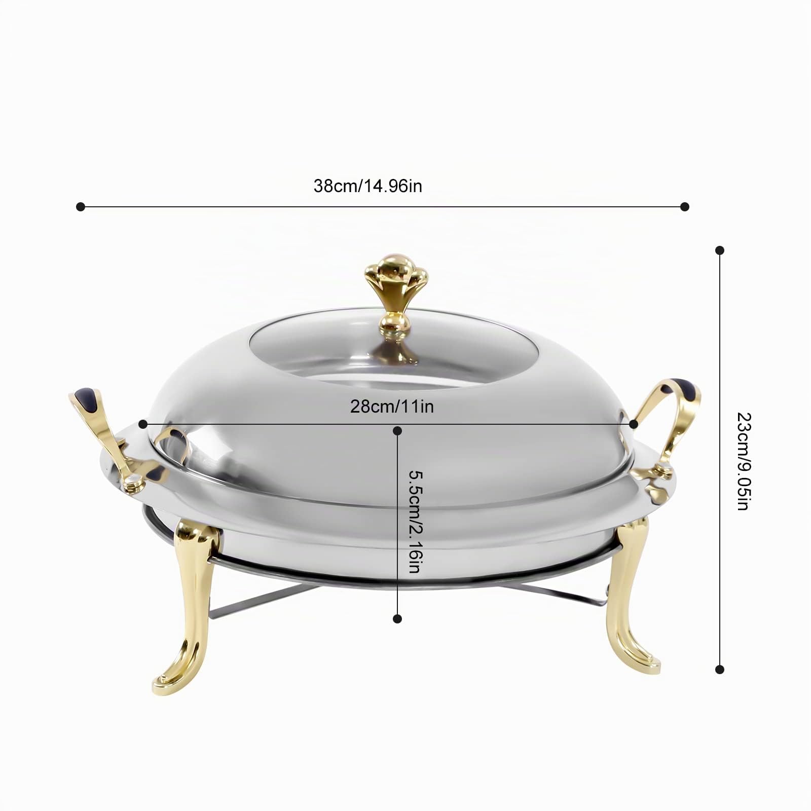 Set da 3 litri rotondo Chafing Dish, 28 cm, in acciaio inox, scaldavivande con coperchio traspirante, contenitore per catering, buffet e feste (oro)