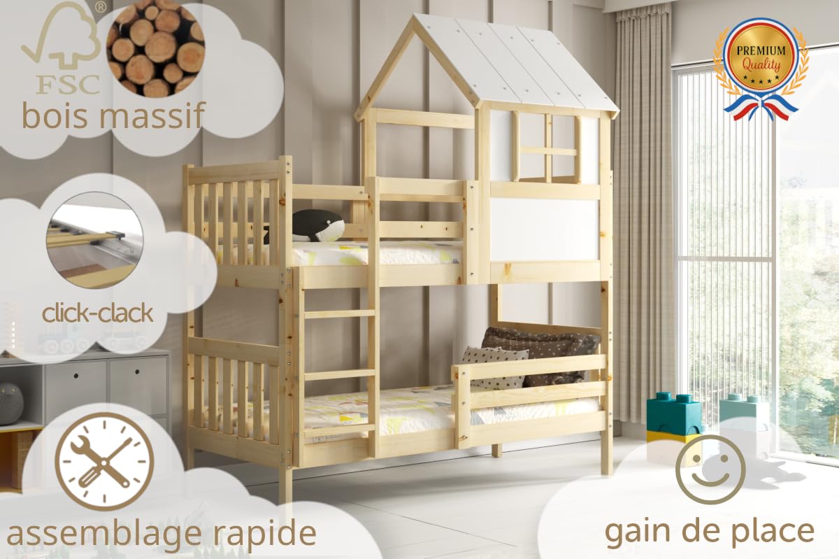 Interbeds Lit superposé 90x190 Cabane Kacper Bois Massif Naturel 2 Places Barrière de sécurité Sommier Séparable en 2 Lits Simples sans Matelas