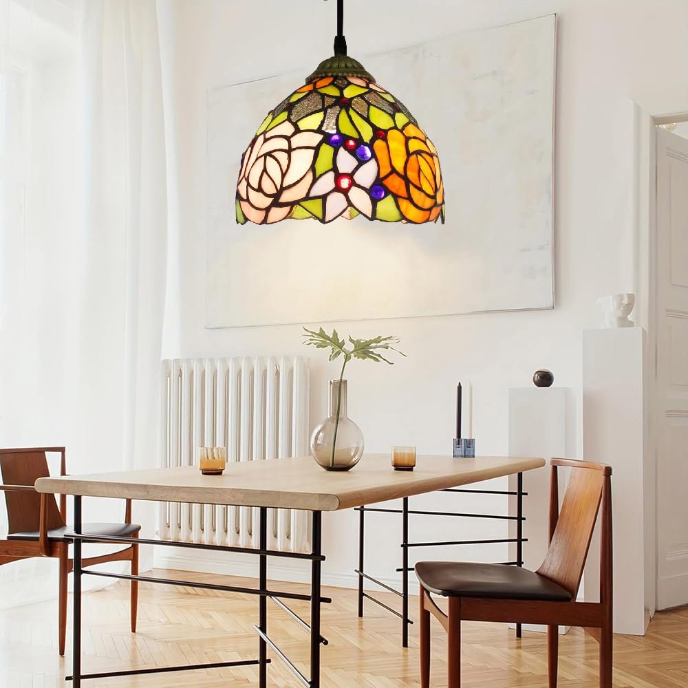 Mengjay Tiffany Lampa Wisząca ，Ręcznie Witrażowa, Styl Vintage，Nadaje się do stosowania w holu, sypialni, kuchni i korytarzach. (Styl.H)