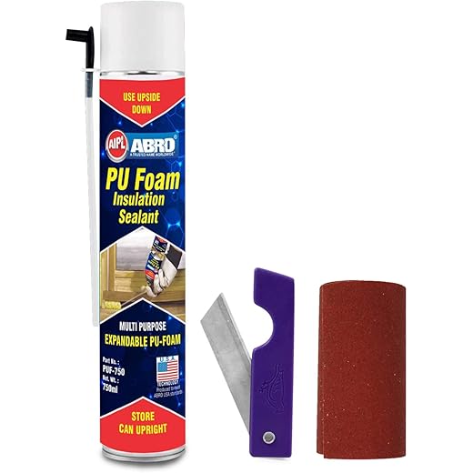 ABRO DIY PU Foam Sealant Spray White for Repair Bigger Large Holes Gap Crack Wall Filing with Mini Cutter & Sand Paper Multipurpose Expandable Waterproof no Shrinkage Doors PVC Pipe & AC ducts (750ml)