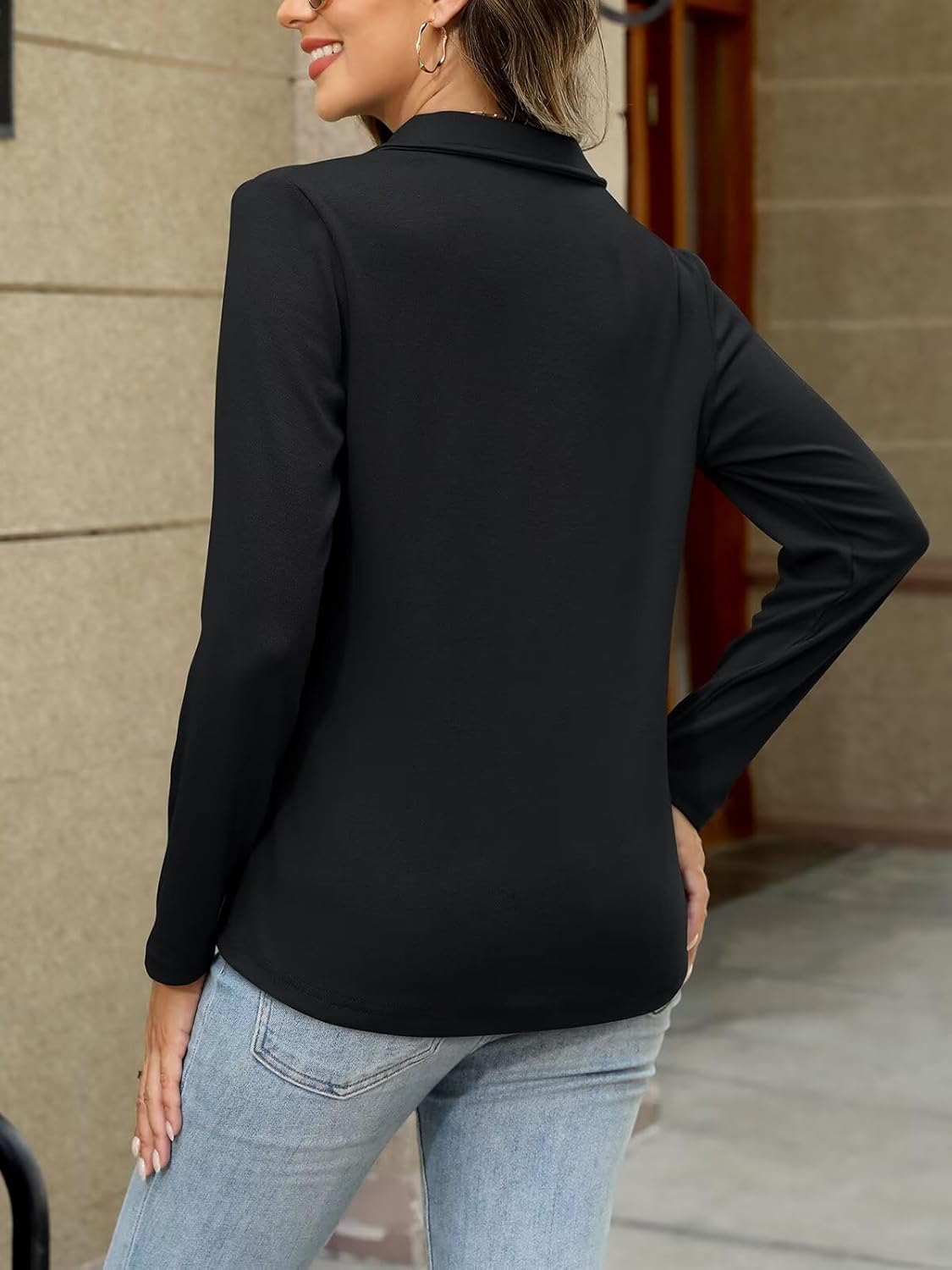 ORANDESIGNE Women's Long Sleeve Polo Shirts Casual Color Block V Neck Tops Fall Collar Ladies Tunics Tees - Image 2