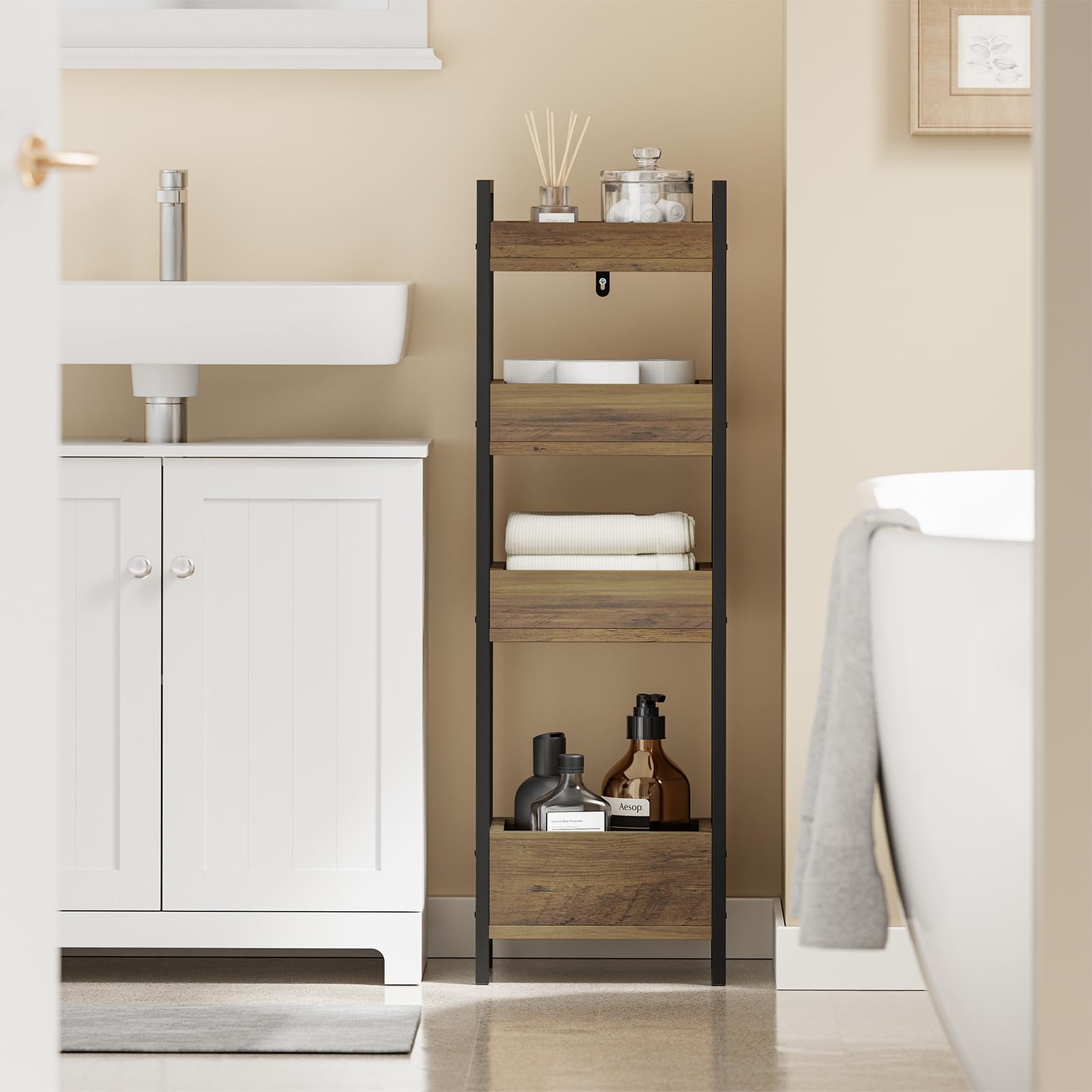 SoBuy Mobiletto Bagno Salvaspazio Stretto con 4 Ripiani - Mobile Bagno Salvaspazio Design Industriale 20 cm Larghezza Scaffale per WC e Lavanderia in Legno e Metallo FRG226-H-F