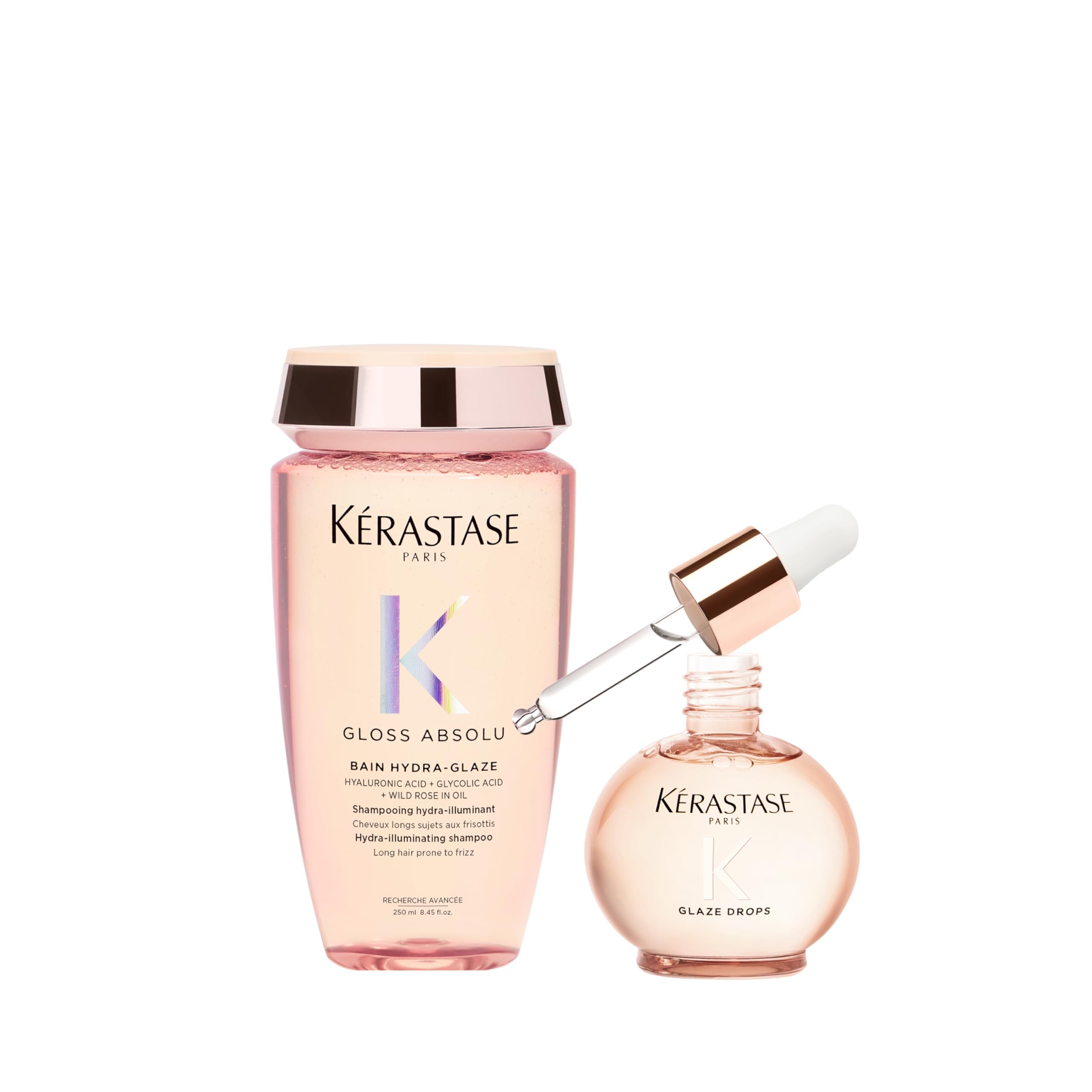 KERASTASE Gloss Absolu - Duo Shampoing Bain Hydra-Glaze 250 ml + Huile Glaze Drops 45 ml - Hydrate, Adoucit & Discipline - Légèreté Aérienne - Effet Ultra-Glossy - Cheveux Longs Sujets aux Frisottis