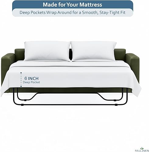 Miniatura 4 de Rajlinen Juego de 4 piezas para sofá cama Queen Sleeper, 100% algodón egipcio, sábana bajera de bolsillo profundo, suave, refrescante, transpirable,