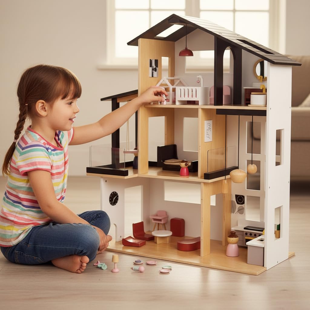 Leomark Appartamento, Moderna Casa delle bambole in legno, in stile LOFT con persiane e terrazza, Con arredamento e tanti accessori, Dimensioni: 80x30x63 cm.