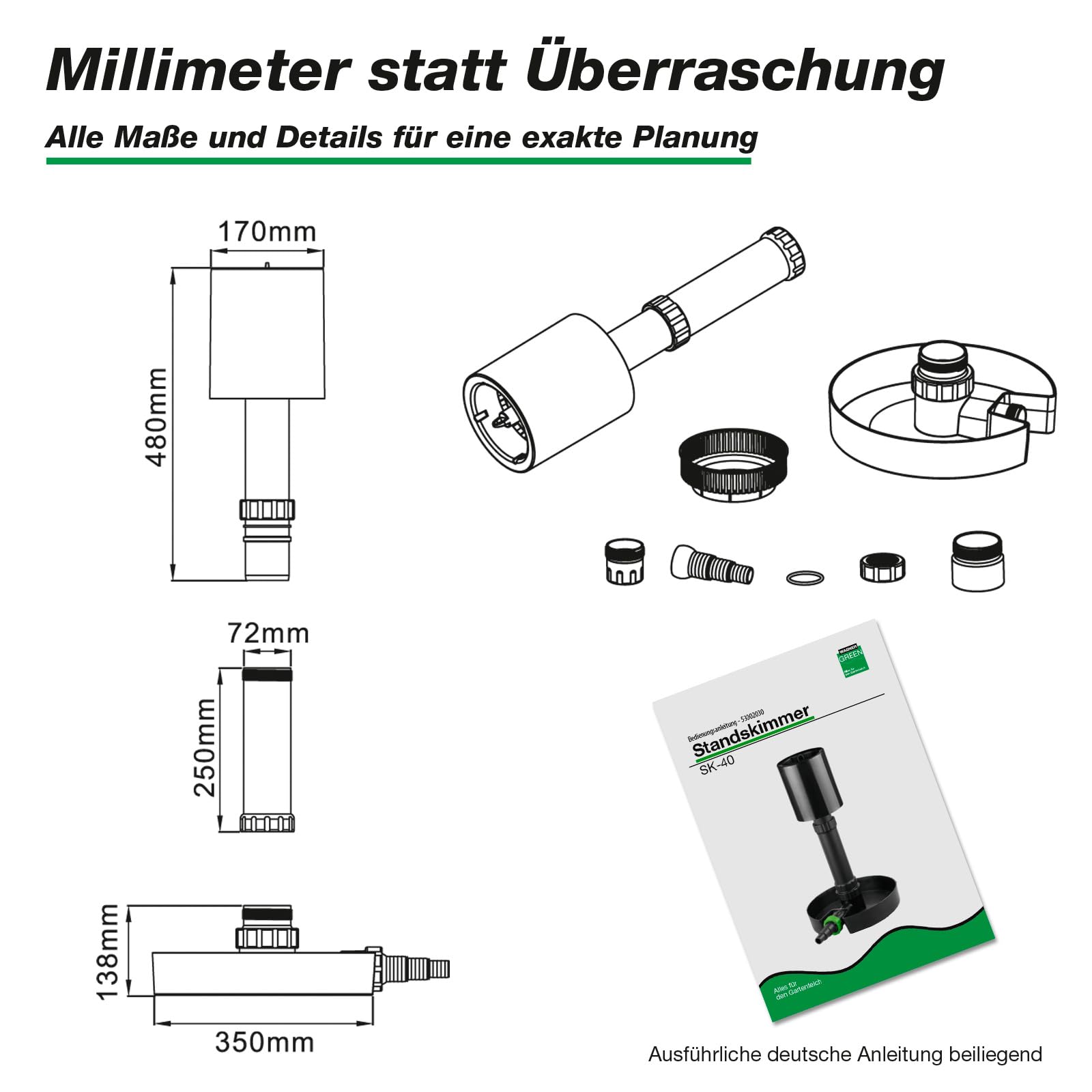 Wagner Green SK-40 Standskimmer für Teiche bis 40 m² – 8.000–16.000 l/h – Oberflächenskimmer gegen Blätter & Schmutz – Höhenverstellbar für Gartenteich