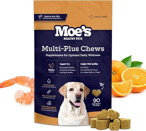 Moe's - Multivitamínico esencial 5 en 1 para perros, 90 masticables con sabor a pollo para el apoyo inmunológico del perro, corazón, piel, pelaje y