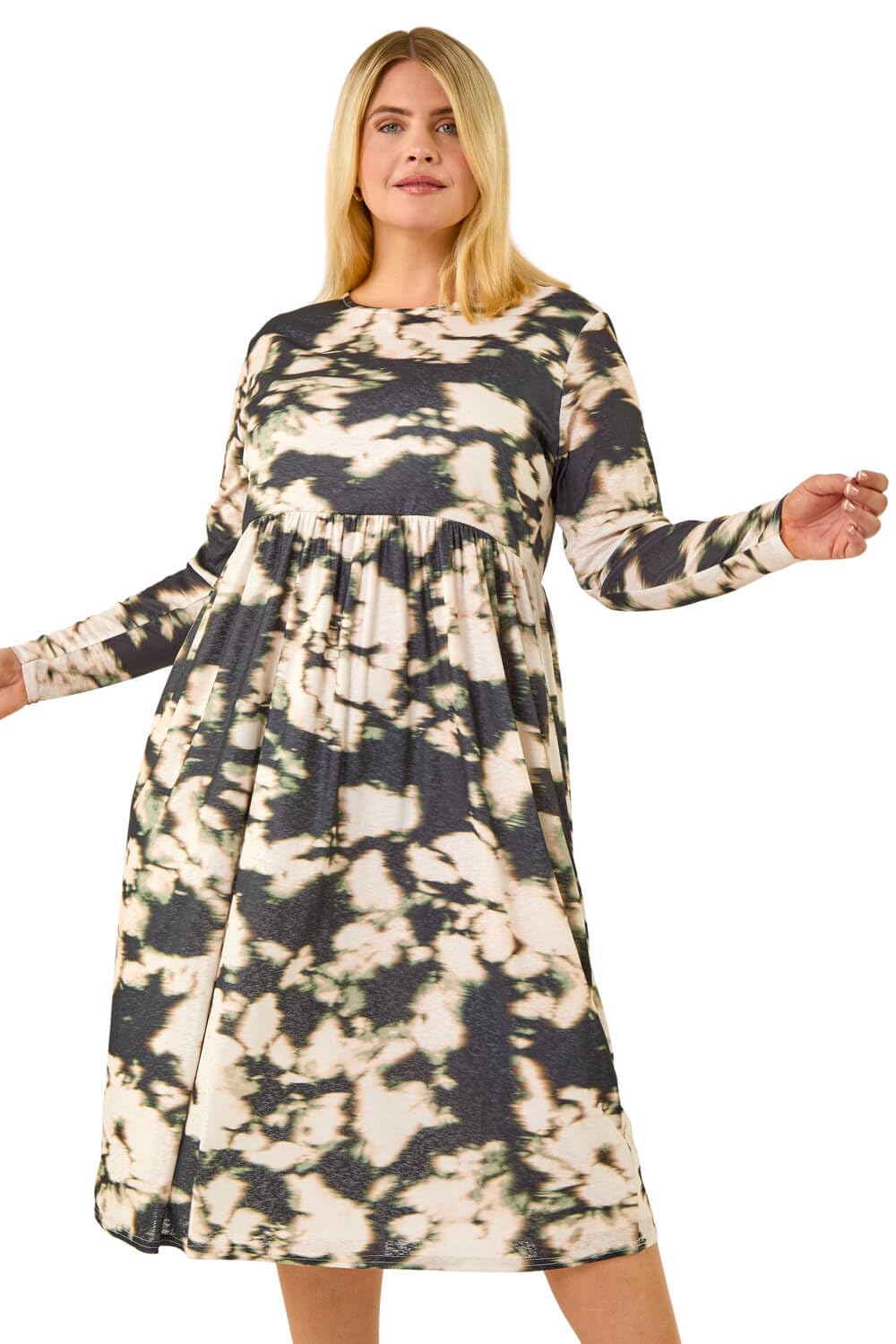 Roman Curve Abstract Print Midi Dress for Women UK - Ladies Everyday Autumn Winter Round Neckline Comfy Soft Evening Vacation Work Party Night Out - Plus Abstract Black - Size 20