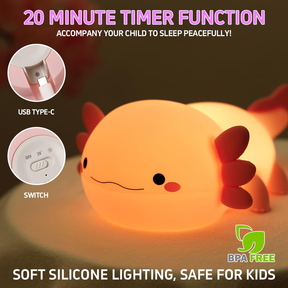 Cute Axolotl Night Light, Squishy Silicone Axolotl LED Night Lamp - Image 2