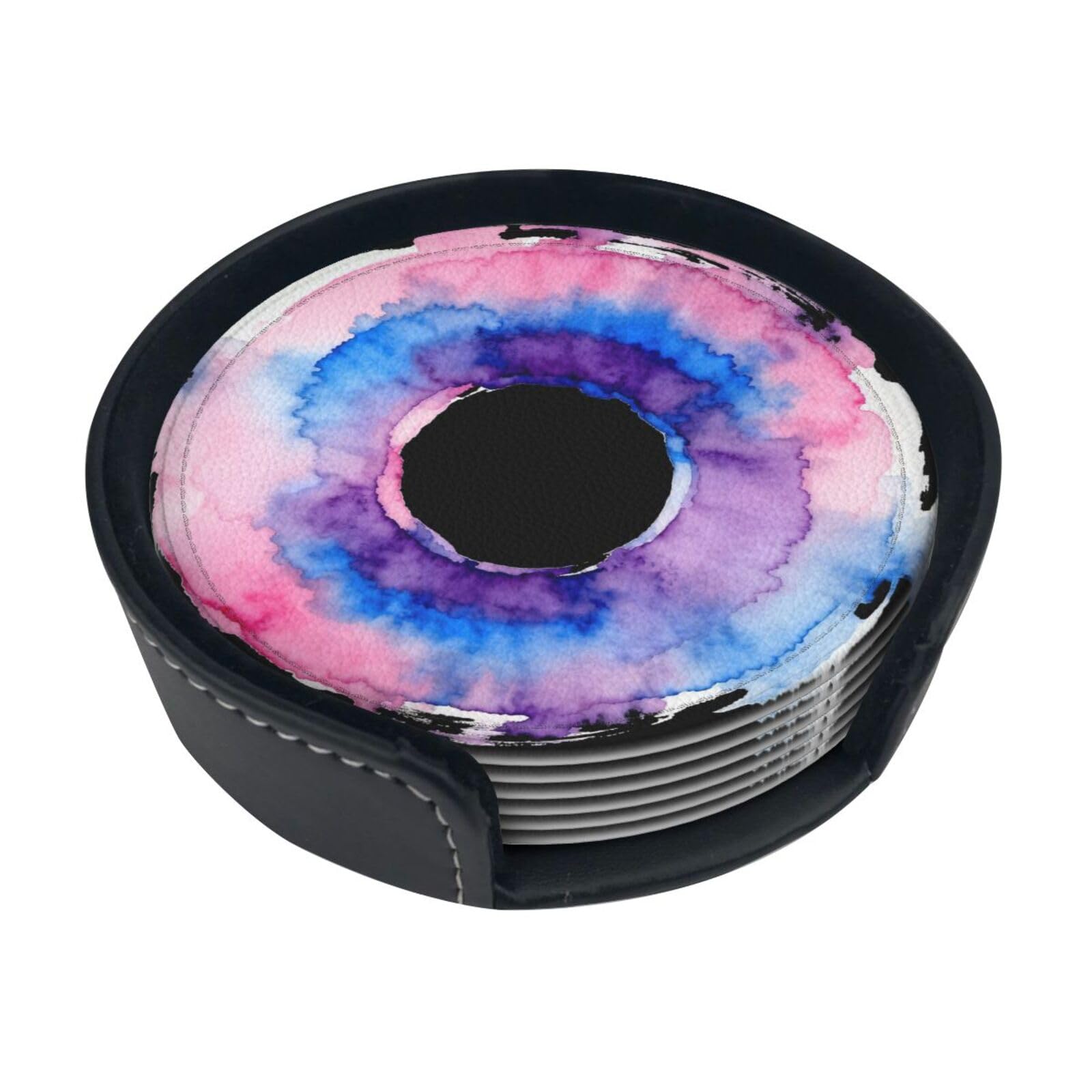 Cntdbu White Watercolor Circle Ring Leather Coasters Set Of 6-Pu Leather Drink Mats For Table, Heat Resistant Round Coasters With Holder