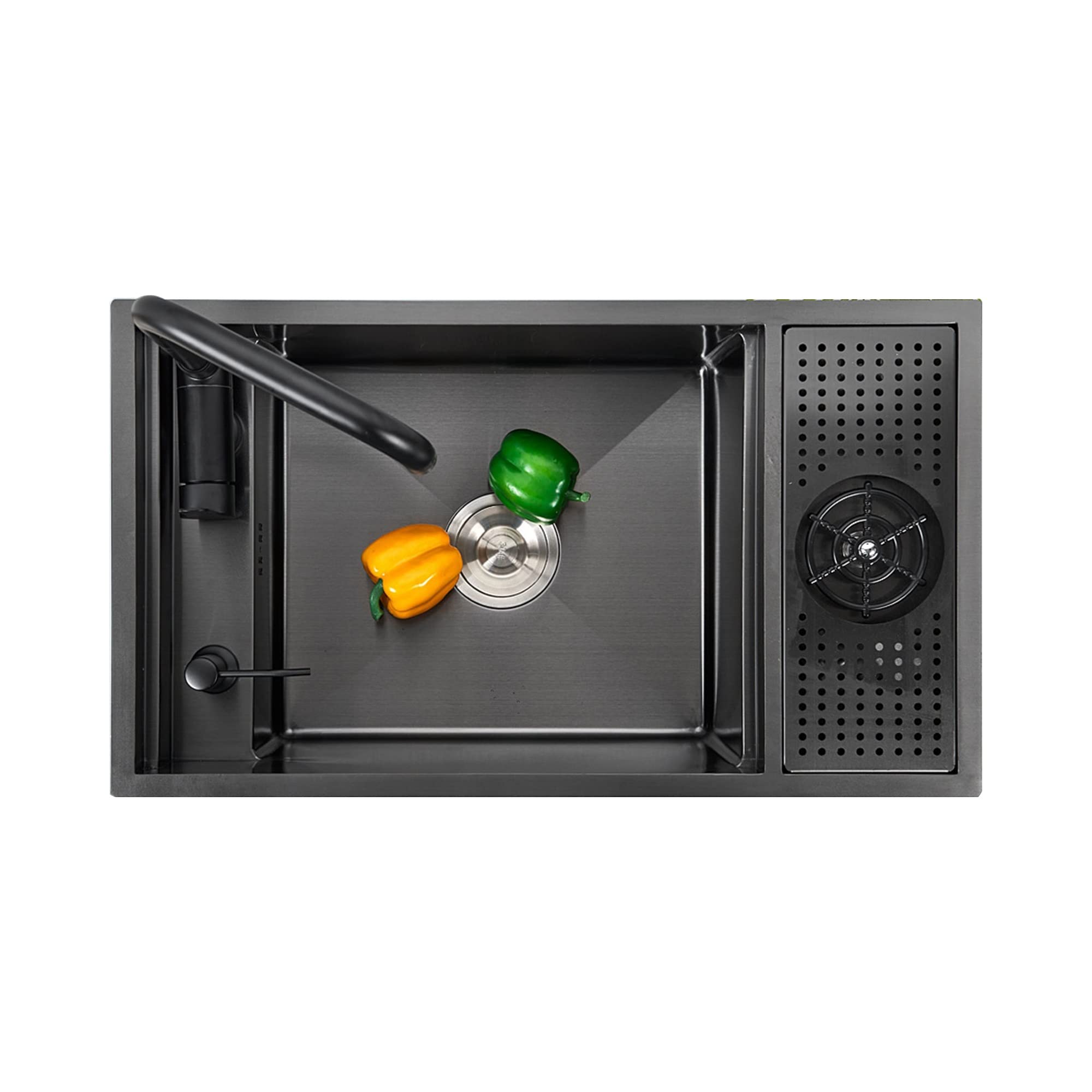 Fregadero De Cocina Negro Incorporado Fregadero de 304 Acero Inoxidable1 Seno Fregadero De Bar Fregadero de Cocina Comercial de vajilla con Grifo Oculto Dosificador de Jabón Lavavasos a Presión ( Size