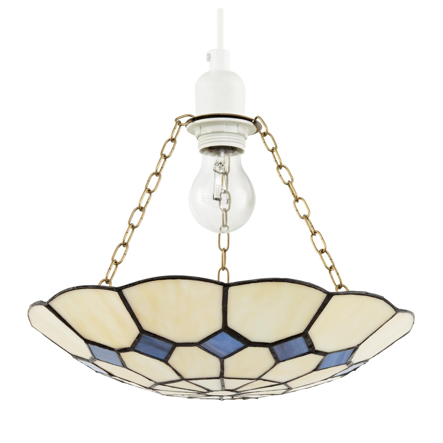 Traditional Amber Stained Glass Tiffany Pendant Lighting Shade with Decorative Purple Diamonds | 31cm x 6cm | Antique Brass Chains Included by Happy Homewares