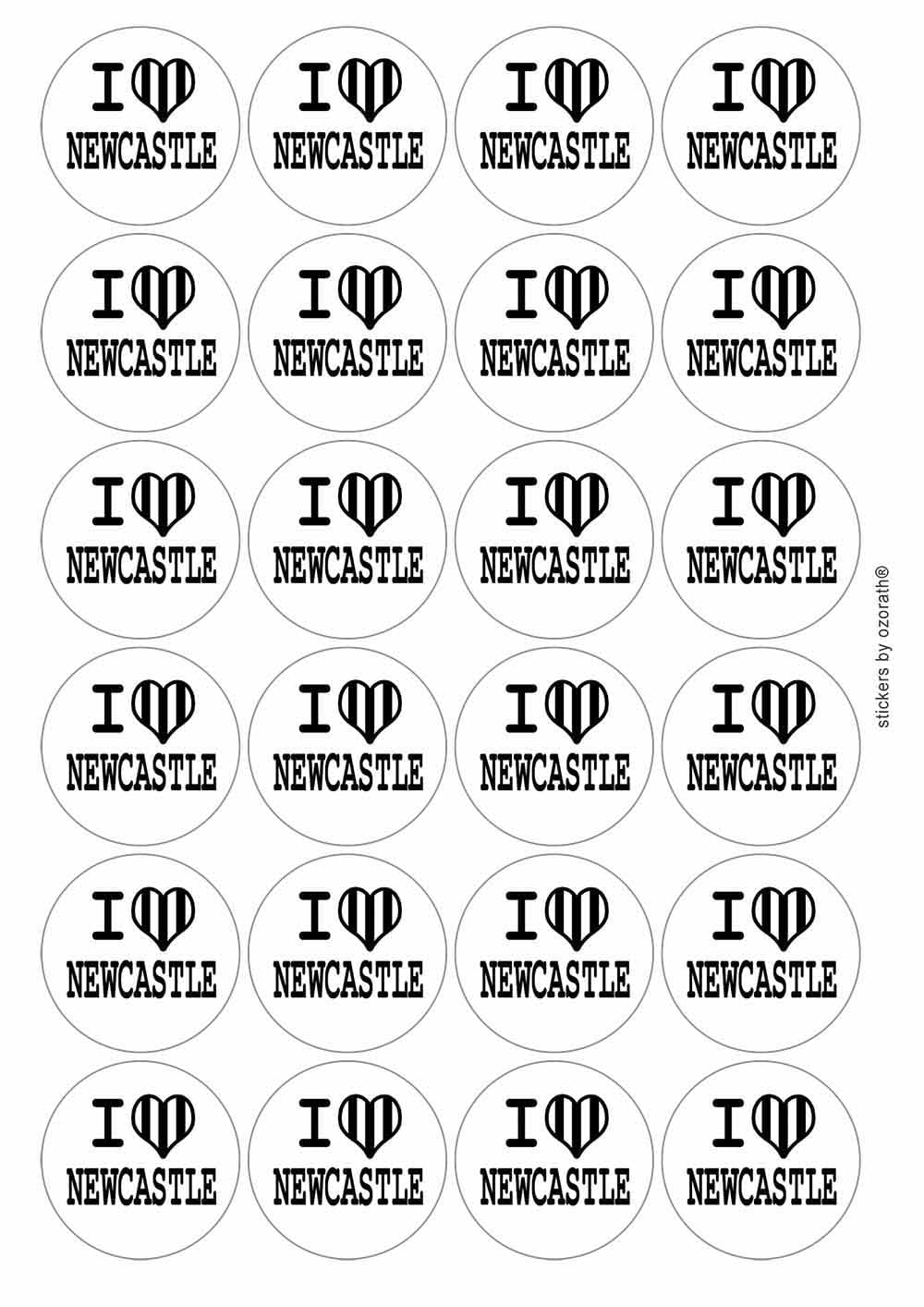 I Heart Love Newcastle Circular Matt Paper Stickers A4 Sheet of 24 (Each Sticker is 45mm Diameter)