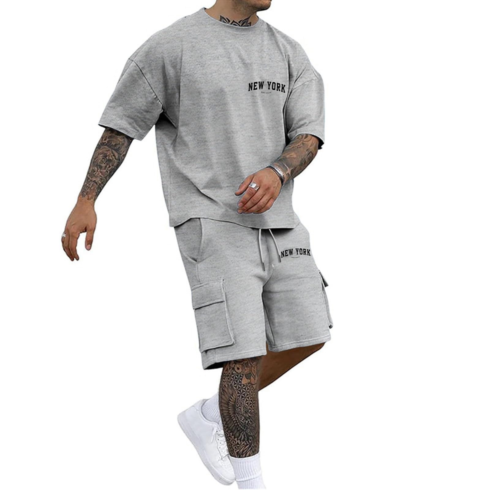 Men Outfits 2 Piece Fashion Casual Drop Shoulder Oversize Tee Shirt Shorts Set Athletic Jogging Summer Tracksuits