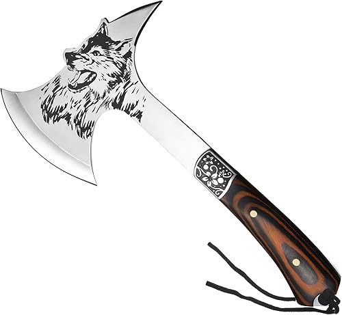 Promithi - Hacha de acero con dibujo de cabeza de lobo para campamento con mango de madera y vaina de nylon Para campamento caza supervivencia al