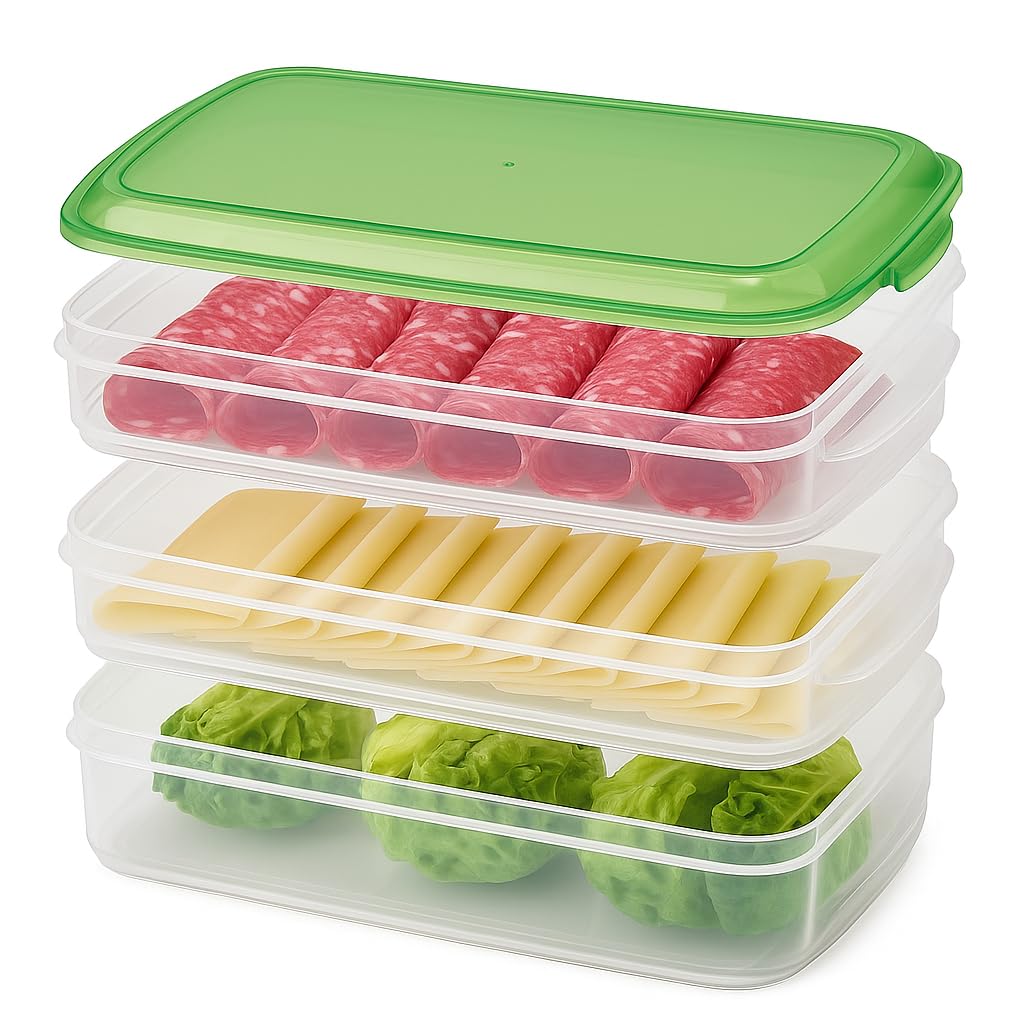 Checkmart Stackable Lunch Boxes – 3 Compartment Cold Meat Storage Containers for Fridge, Large 1.5L + 2 x 1L, Microwave & Dishwasher Safe, Food Organizer for Deli, Cheese, Veg