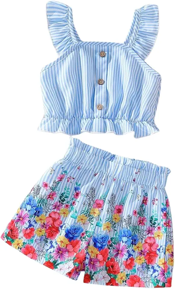 HSOXLQF Kids Toddler Girls Summer Clothes Button Design Striped Tank Top + Floral-Print Elastic Shorts 2 Piece