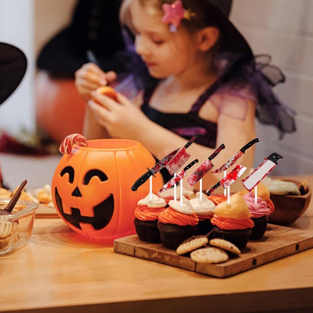 12 sztuk dekoracji tortów halloweenowych z motywem krwawego noża, dekoracje tortów urodzinowych na Halloween