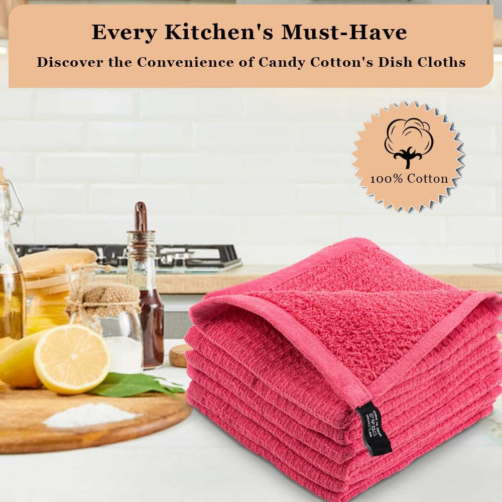 Kitchen Cleaning Dish Wash Cloths Waffle Terry Design Kitchen DishCloths|Washable 12x12 Cotton Dish Rags for Drying Dishes|Counter Top Barista Dust Wipes|Spring Easter Basket Decor| 6 Pc Set- Pink image 2